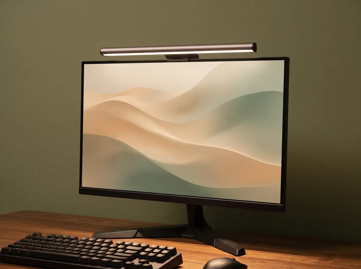 Monitor com barra de luz LED em uma mesa de trabalho