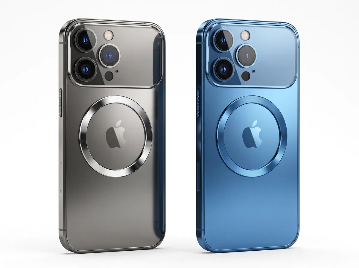Duas capinhas espelhadas com anel, uma grafite e uma azul, montadas em iPhones vistos de trás