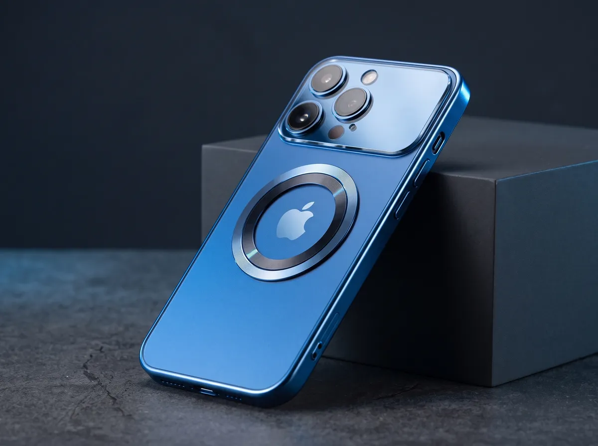 iPhone com capinha espelhada azul apoiado em um bloco escuro