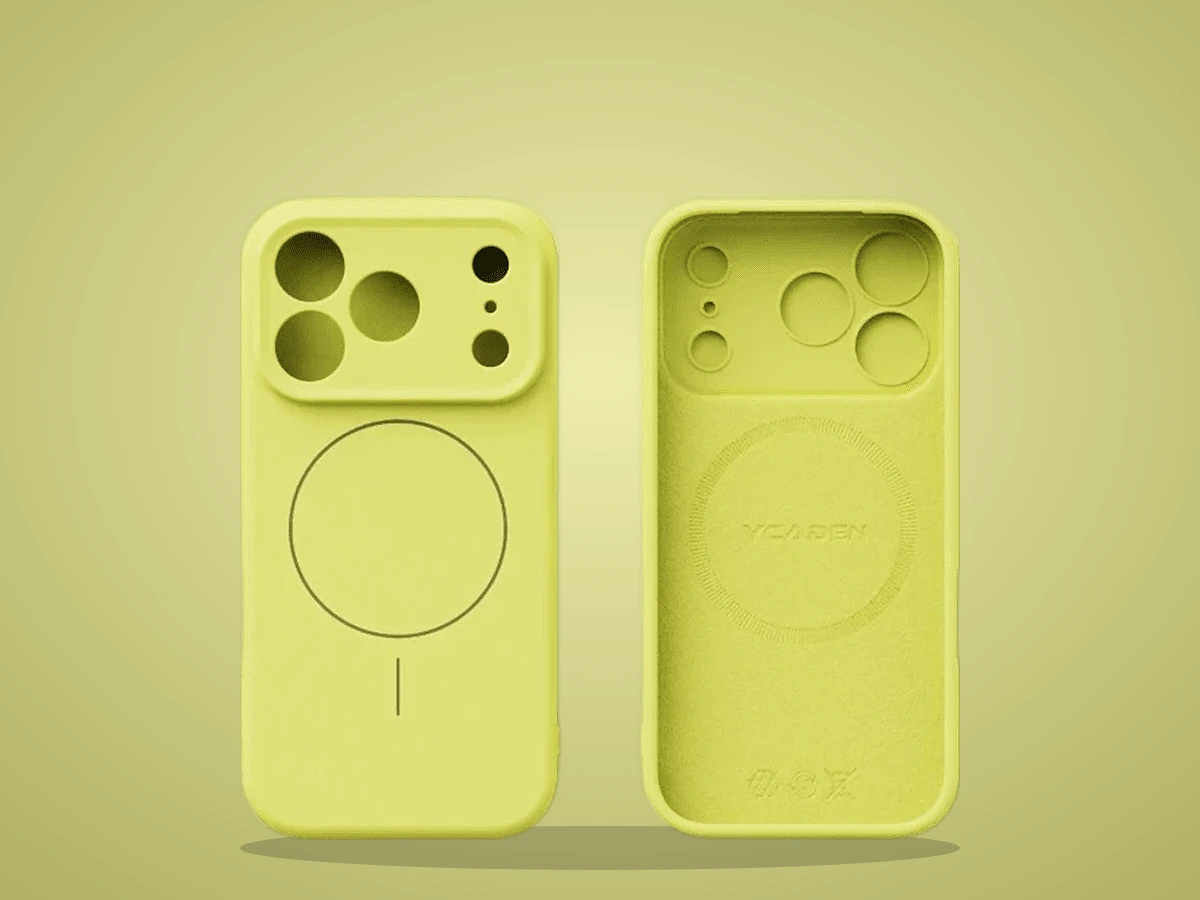 Capinha de silicone líquido amarelo para iPhone, vista de frente e de trás