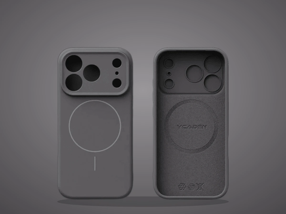 Capinha de silicone líquido cinza para iPhone, vista de frente e de trás