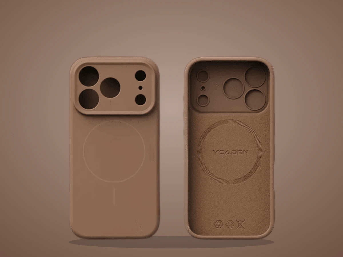 Capinha de silicone líquido marrom para iPhone, vista de frente e de trás
