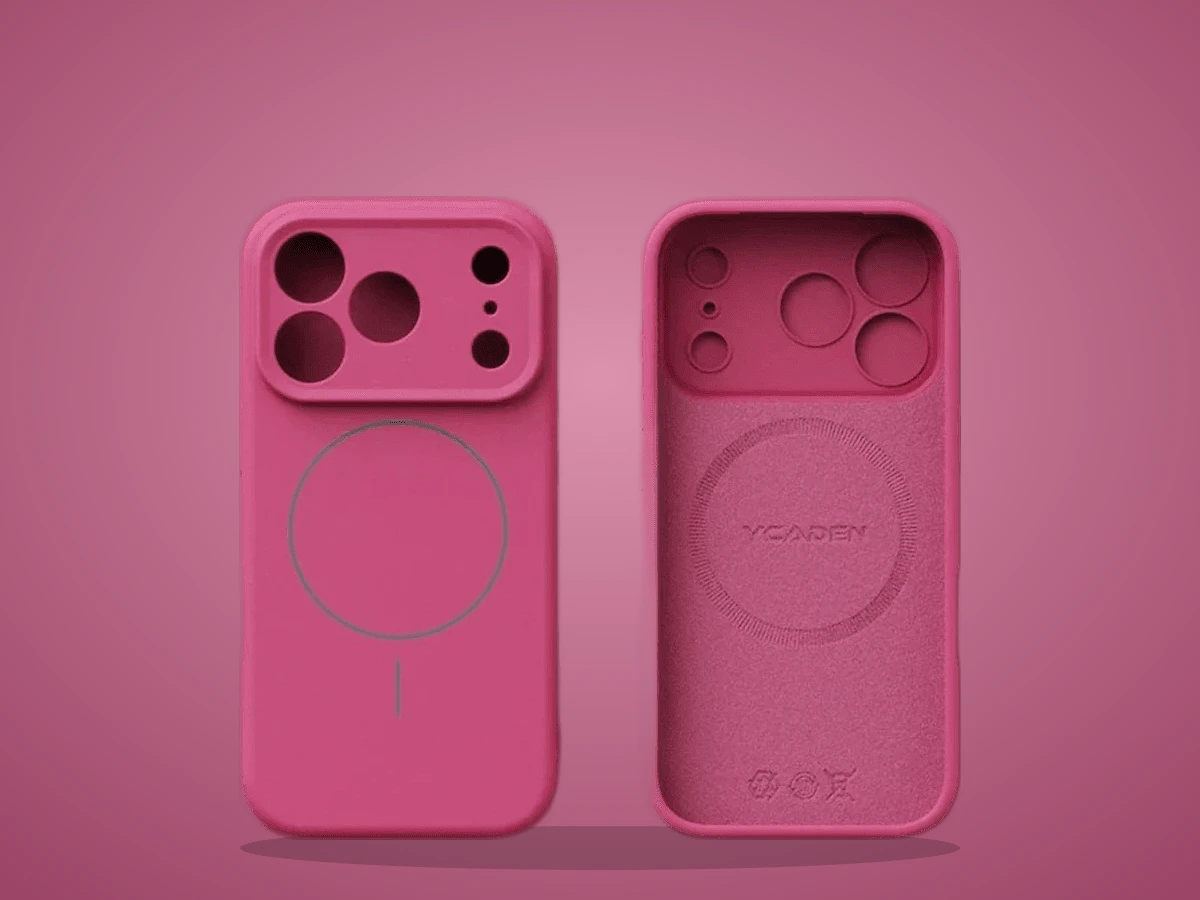 Capinha de silicone líquido pink para iPhone, vista de frente e de trás