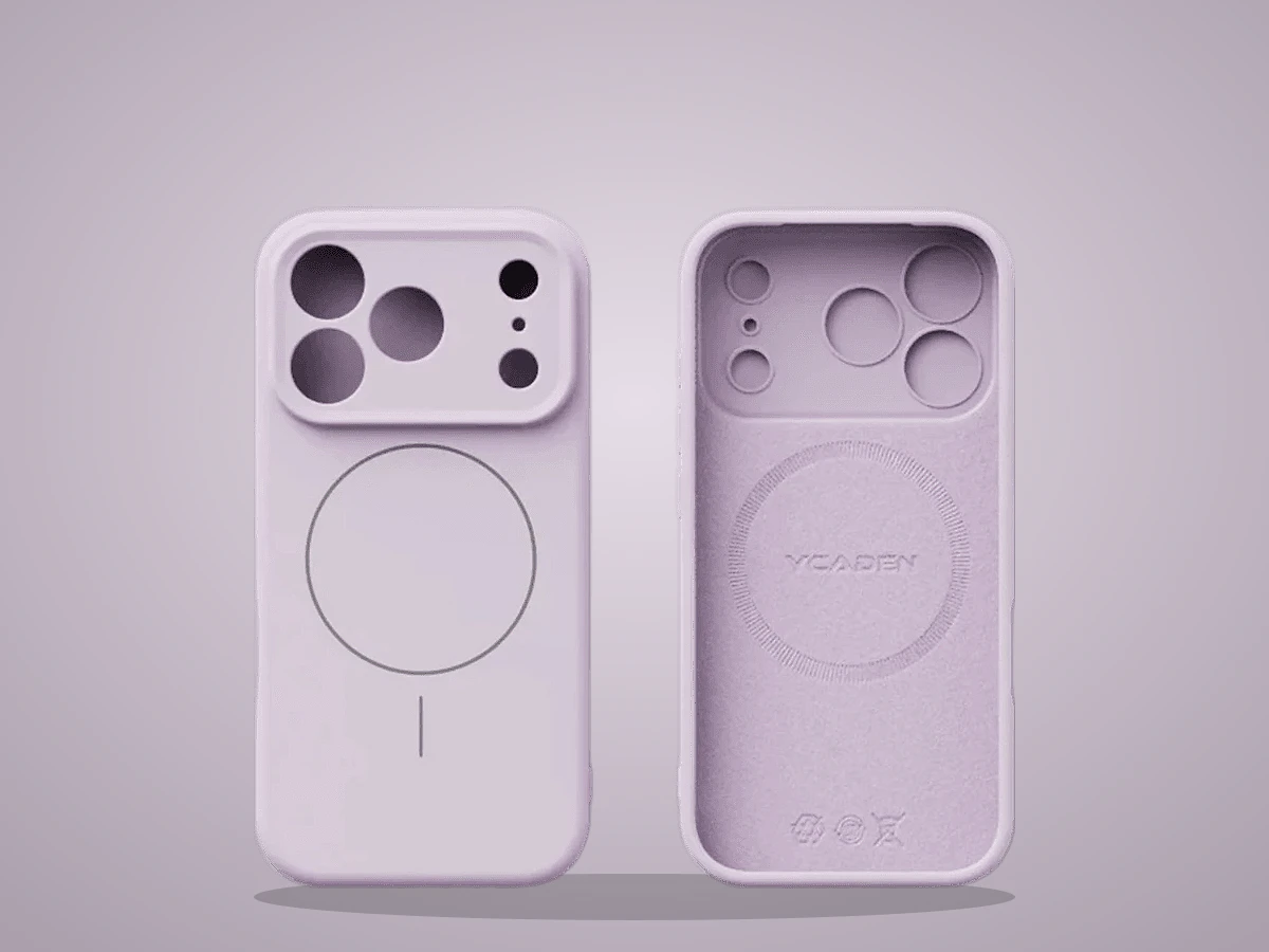 Capinha de silicone líquido roxo para iPhone, vista de frente e de trás