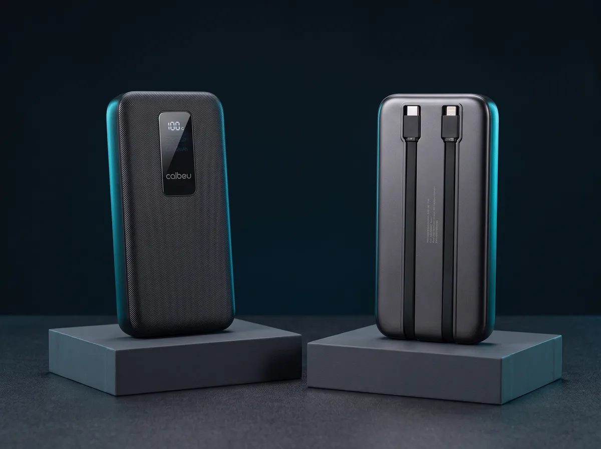 Dois power banks pretos com visor digital, vistos de frente e de trás com os cabos embutidos