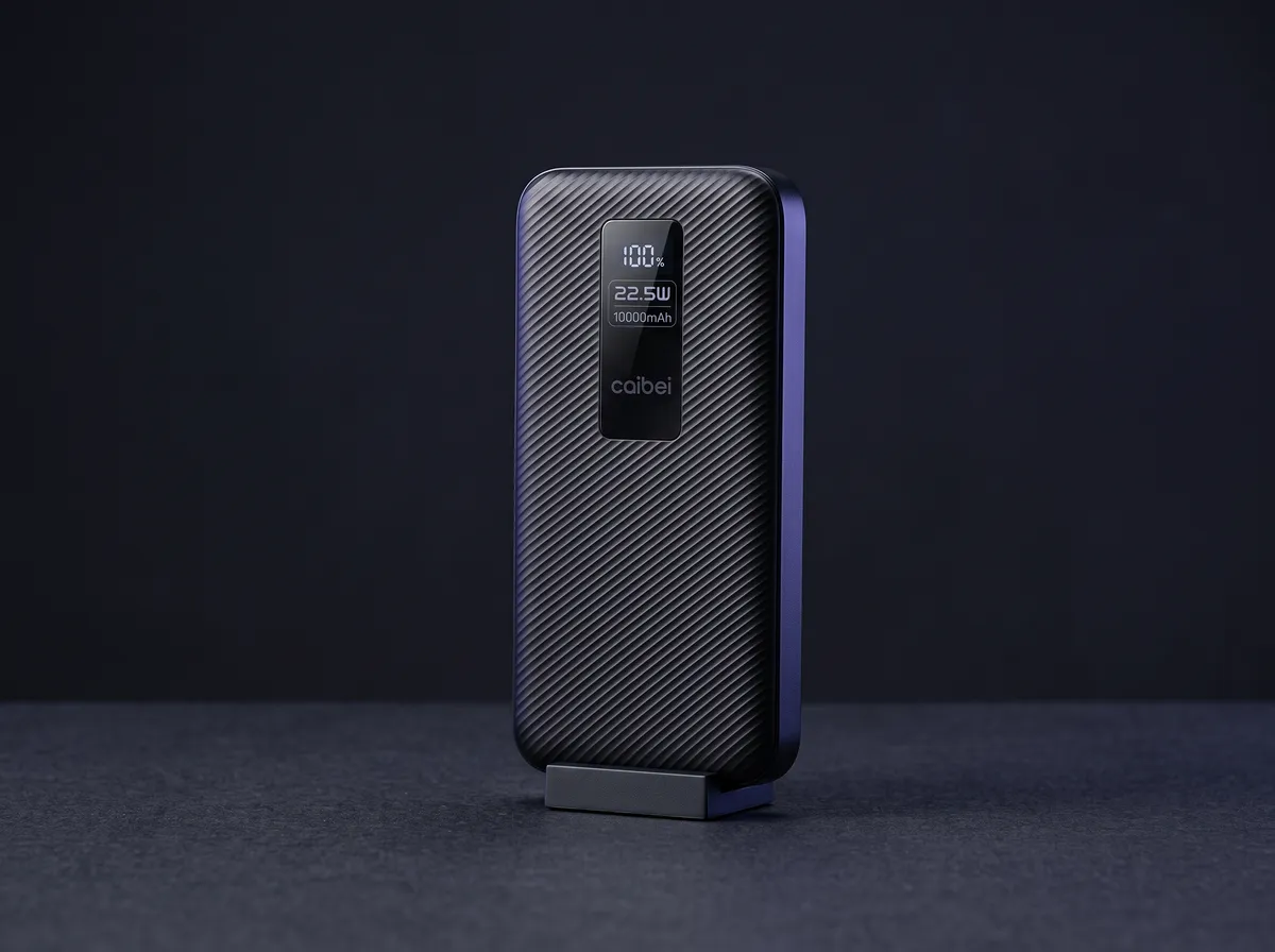 Power bank preto em pé mostrando o visor com 100% de carga