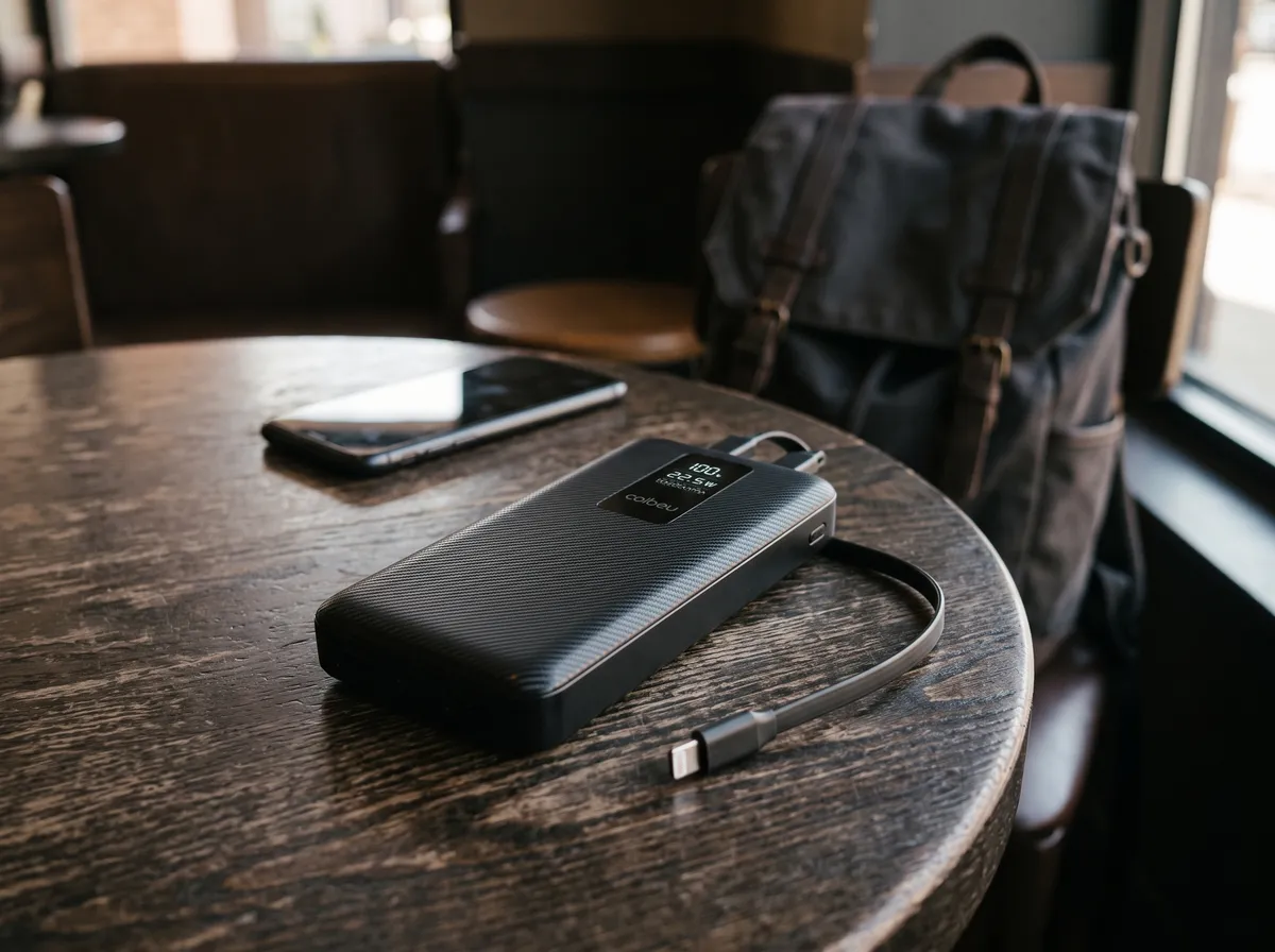 Power bank preto com visor digital e cabo embutido sobre mesa de madeira ao lado de um celular