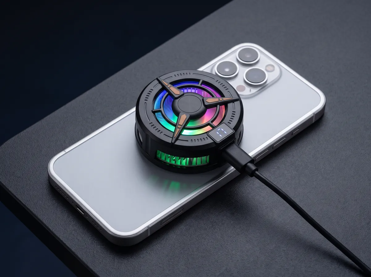Cooler preto com luzes coloridas preso atrás de um celular, ligado por cabo