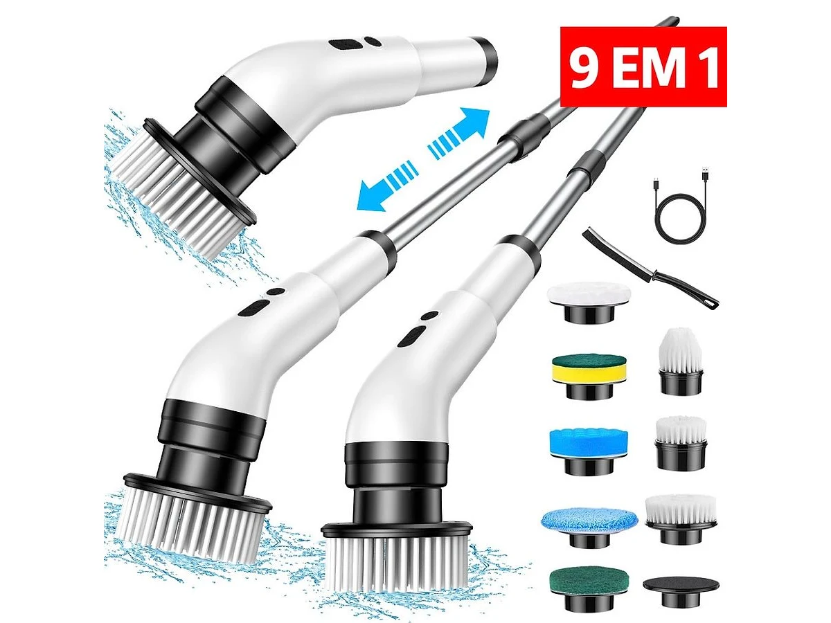 Esfregão elétrico 9 em 1 com cabo extensível e cabeças