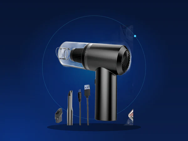 Mini aspirador portátil em fundo azul