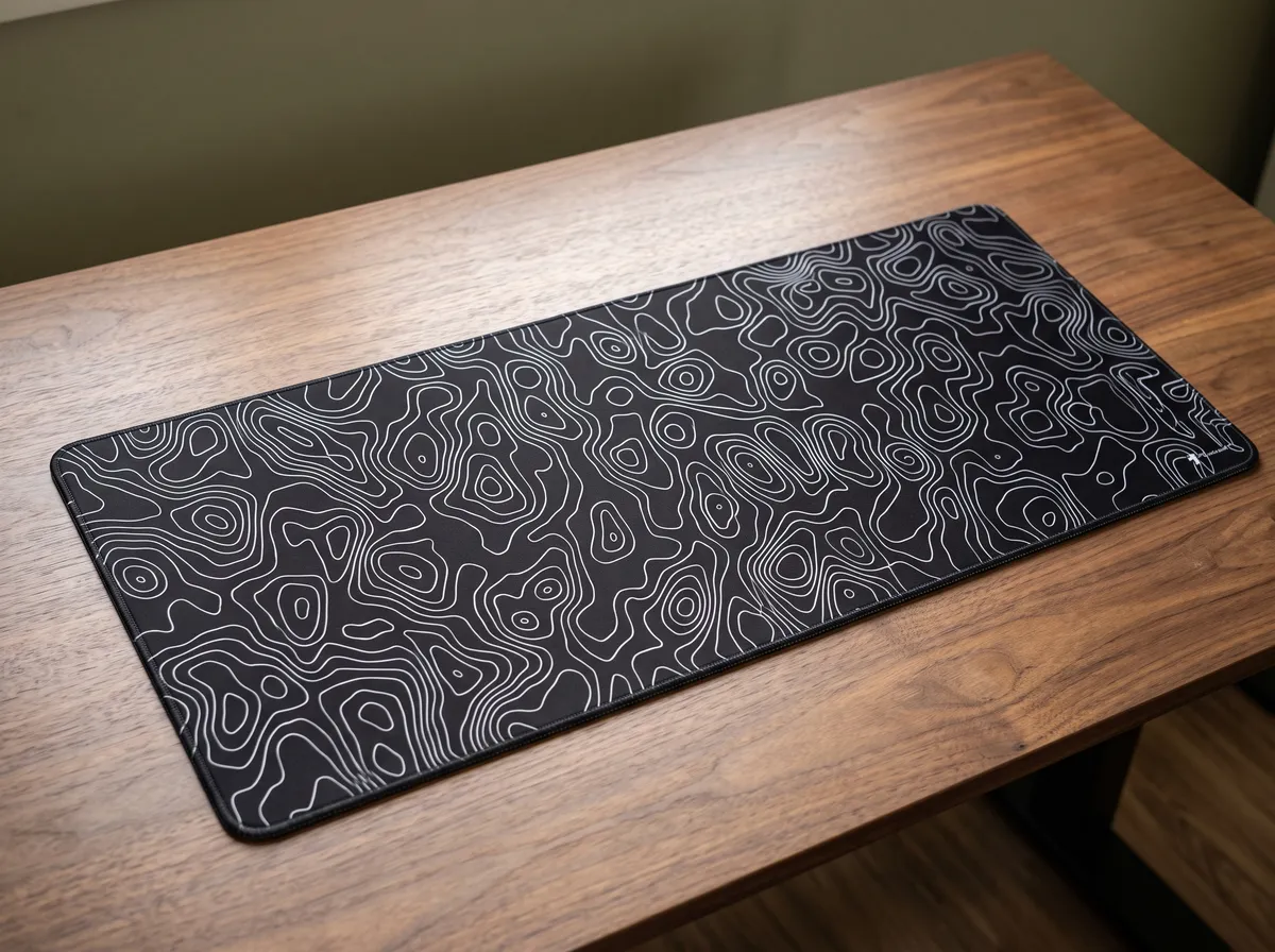 Mousepad preto com estampa topográfica cobrindo a mesa