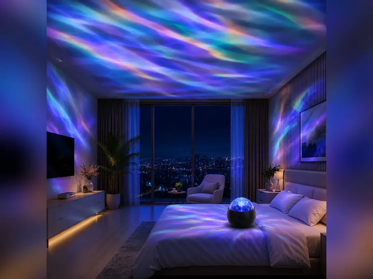 Projetor de luz aurora em uso
