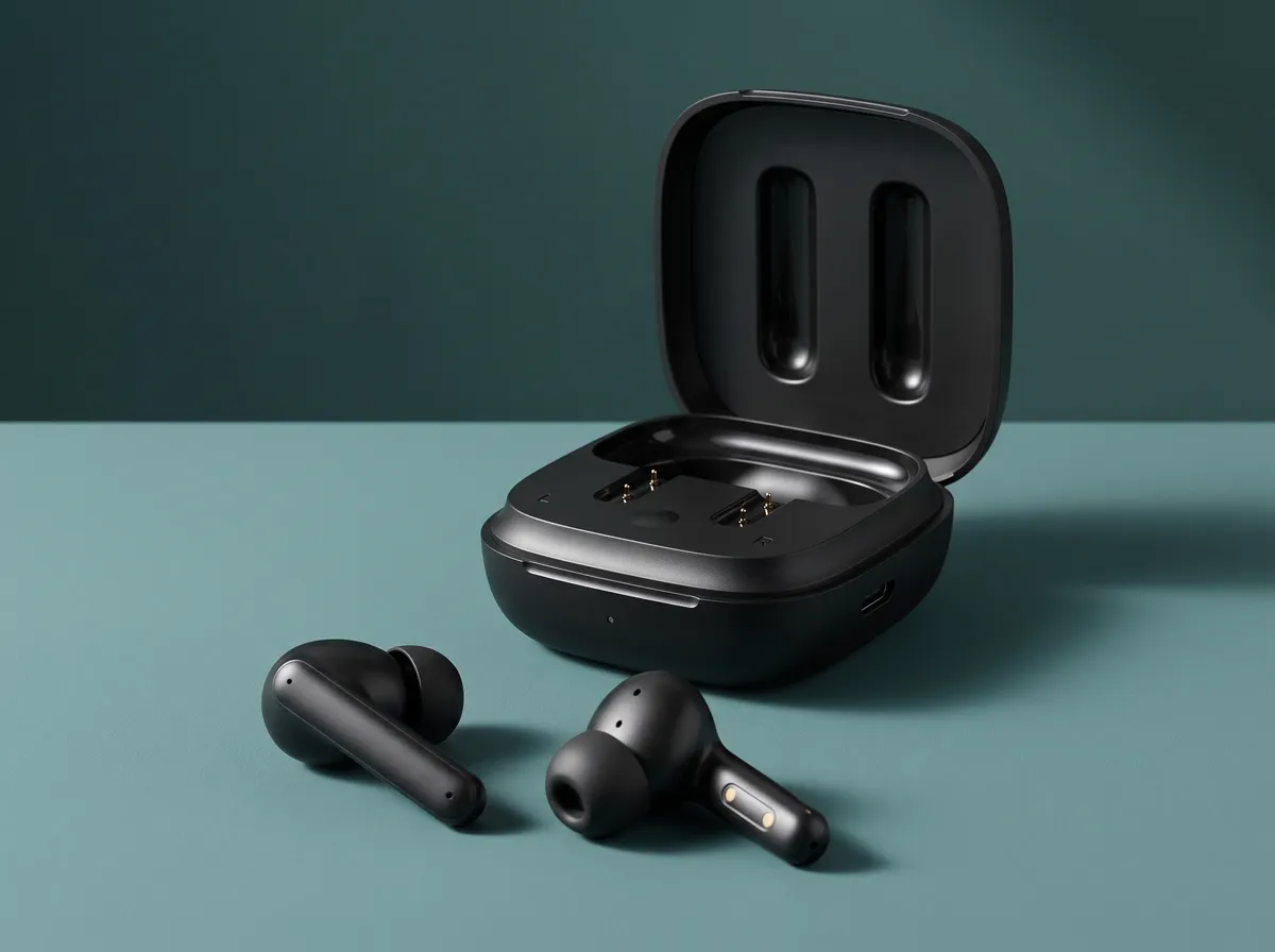 Par de fones sem fio pretos ao lado do estojo