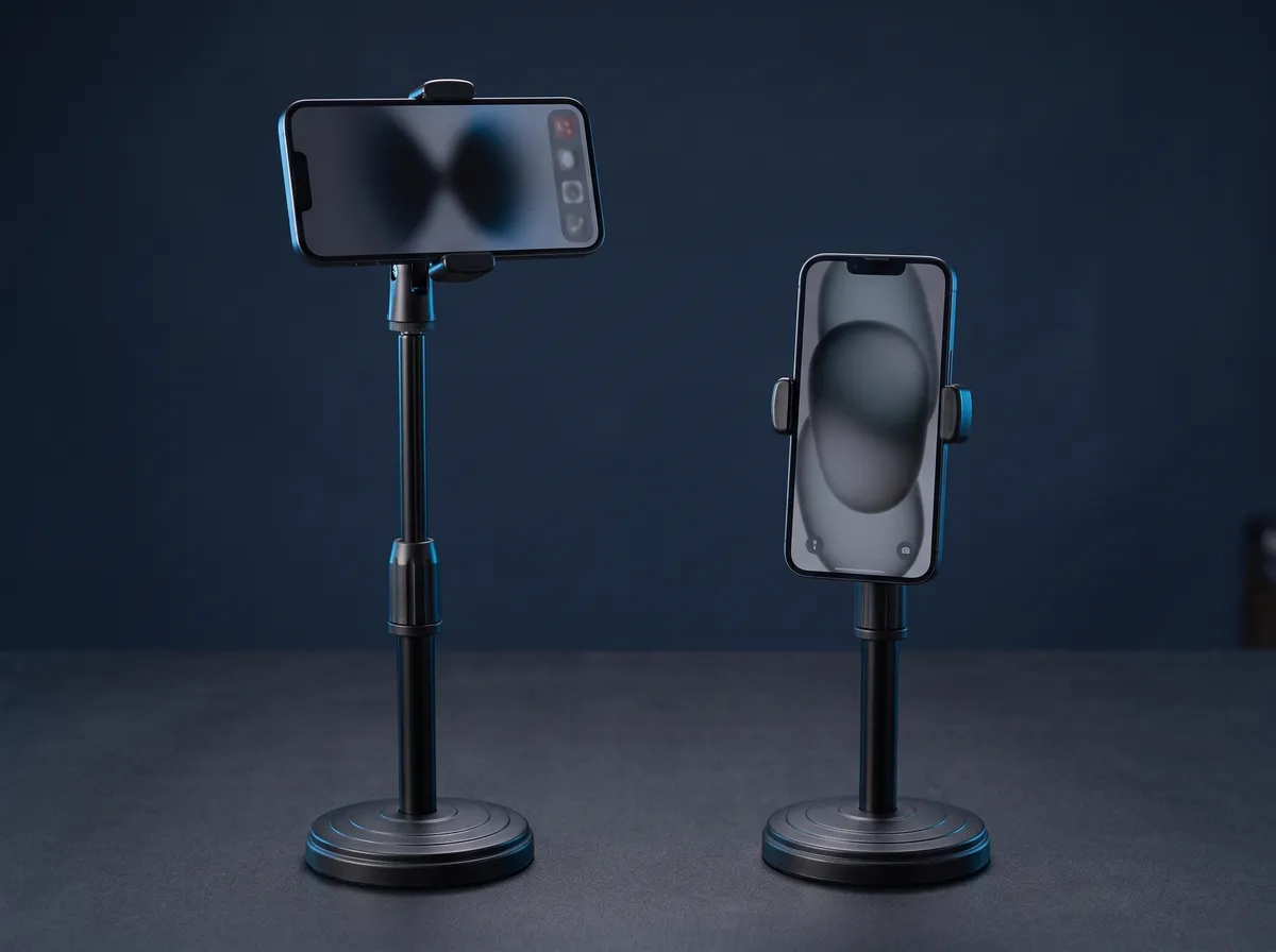 Dois suportes de celular de mesa pretos com haste ajustável e base redonda