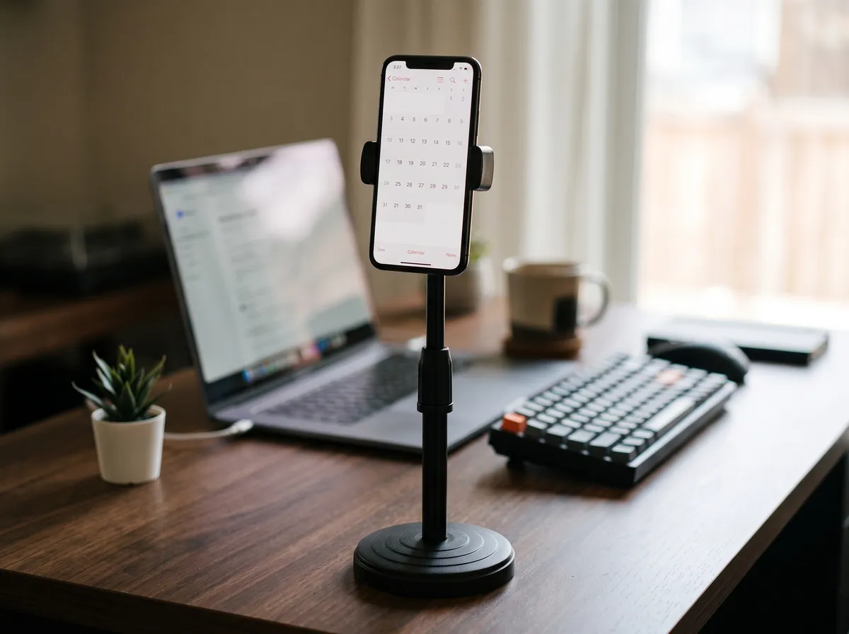 Suporte de mesa segurando um celular ao lado de um notebook